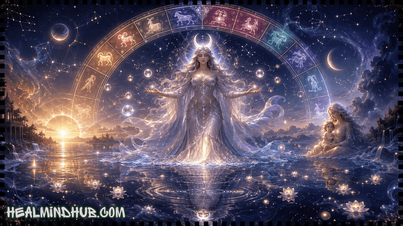 Moon Goddess surrounded by 12 zodiac Rashis and cosmic water representing Moon sign calculator and emotional nourishment - HealMindHub